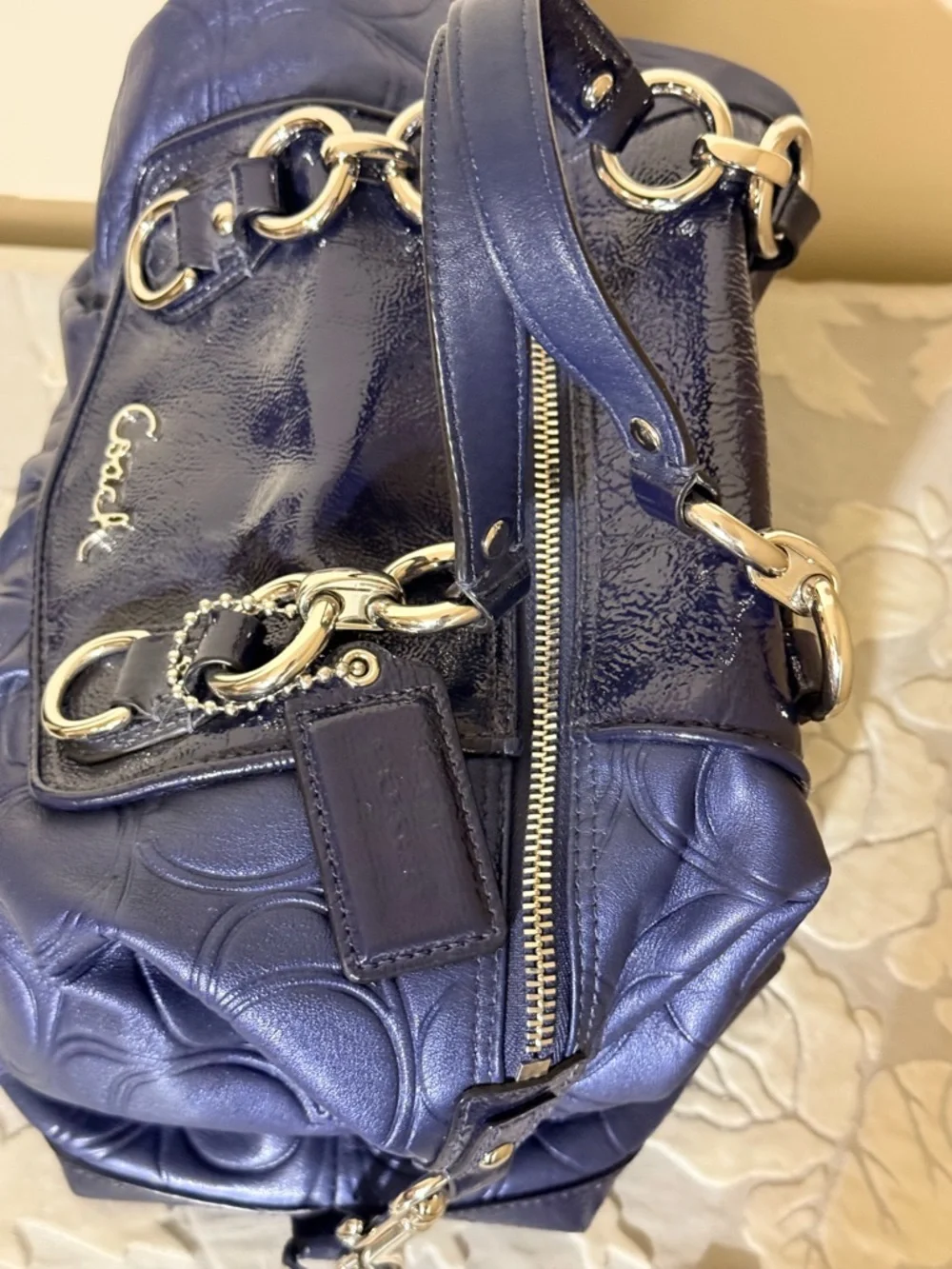 Coach Ashley Embossed Leather Satchel Cobalt Blue Signature Carryall Bag - Picture 6 of 10